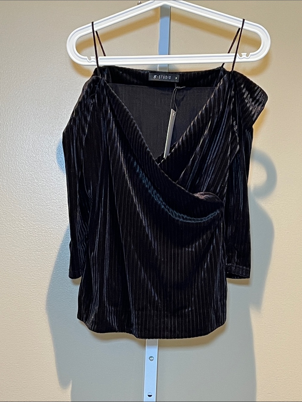 ST. studio Black Velvet Faux-Wrap Cold-Shoulder Camisole Top